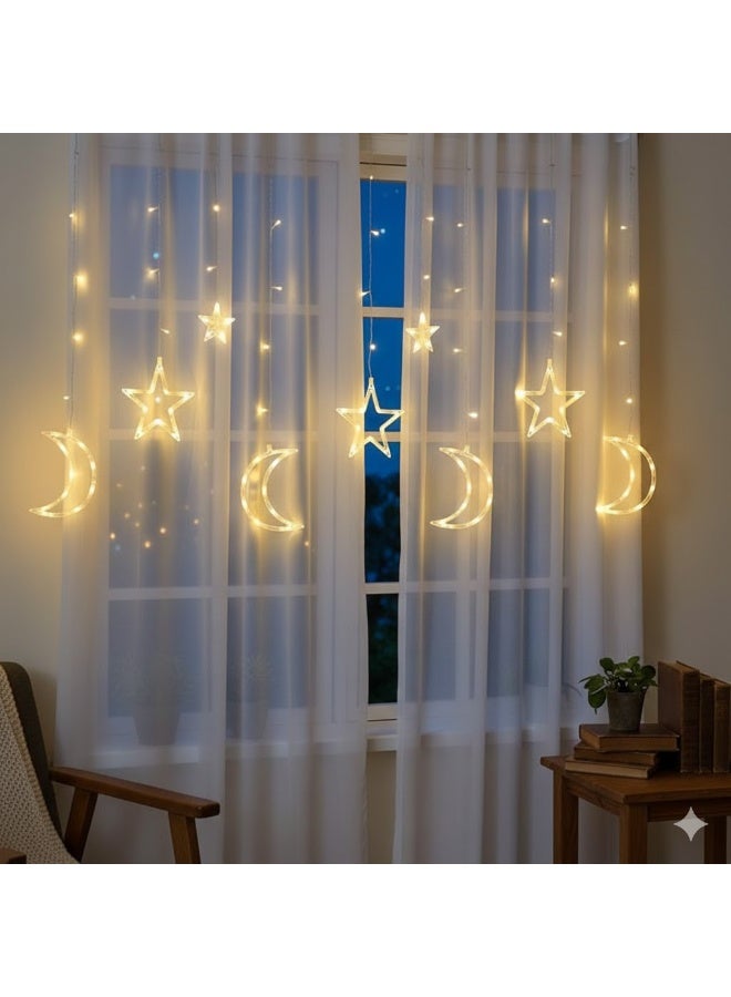 ستارة إضاءة ليد زينة رمضان والأعياد بتصميم نجوم وأهلة، إضاءة وورم وايت دافئة، عرض 3 متر، مناسبة للديكور الداخلي والخارجي وحفلات الزفاف - Image 1